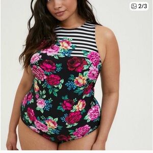 Torrid Black Floral Striped One-Piece Swimsuit